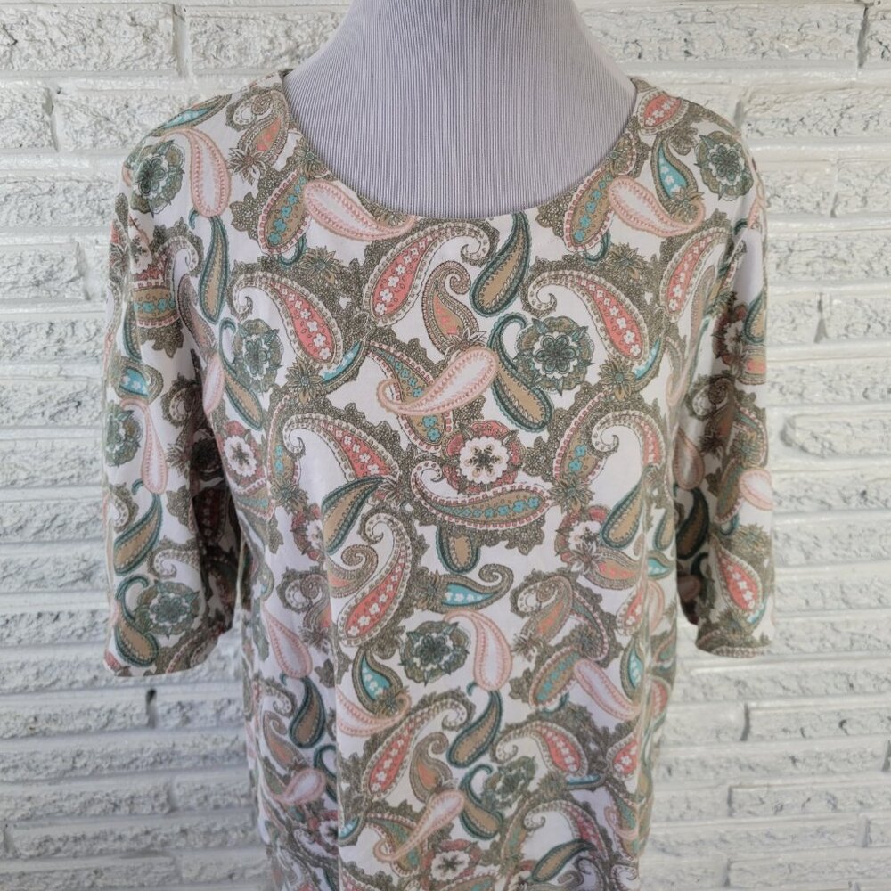 Coral Bay XL Green Pink Paisley T-Shirt Cotton Blend Jersey Stretch PAI43E - Picture 3 of 8